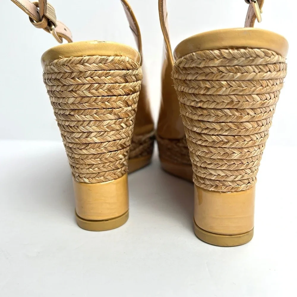 Stuart Weitzman Espadrille Peep Toe Wedge Heels Sandals Camel Tan Patent Leather - Picture 8 of 15